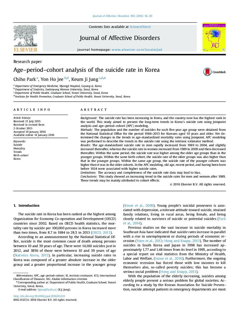 Age–period–cohort analysis of the suicide rate in Korea