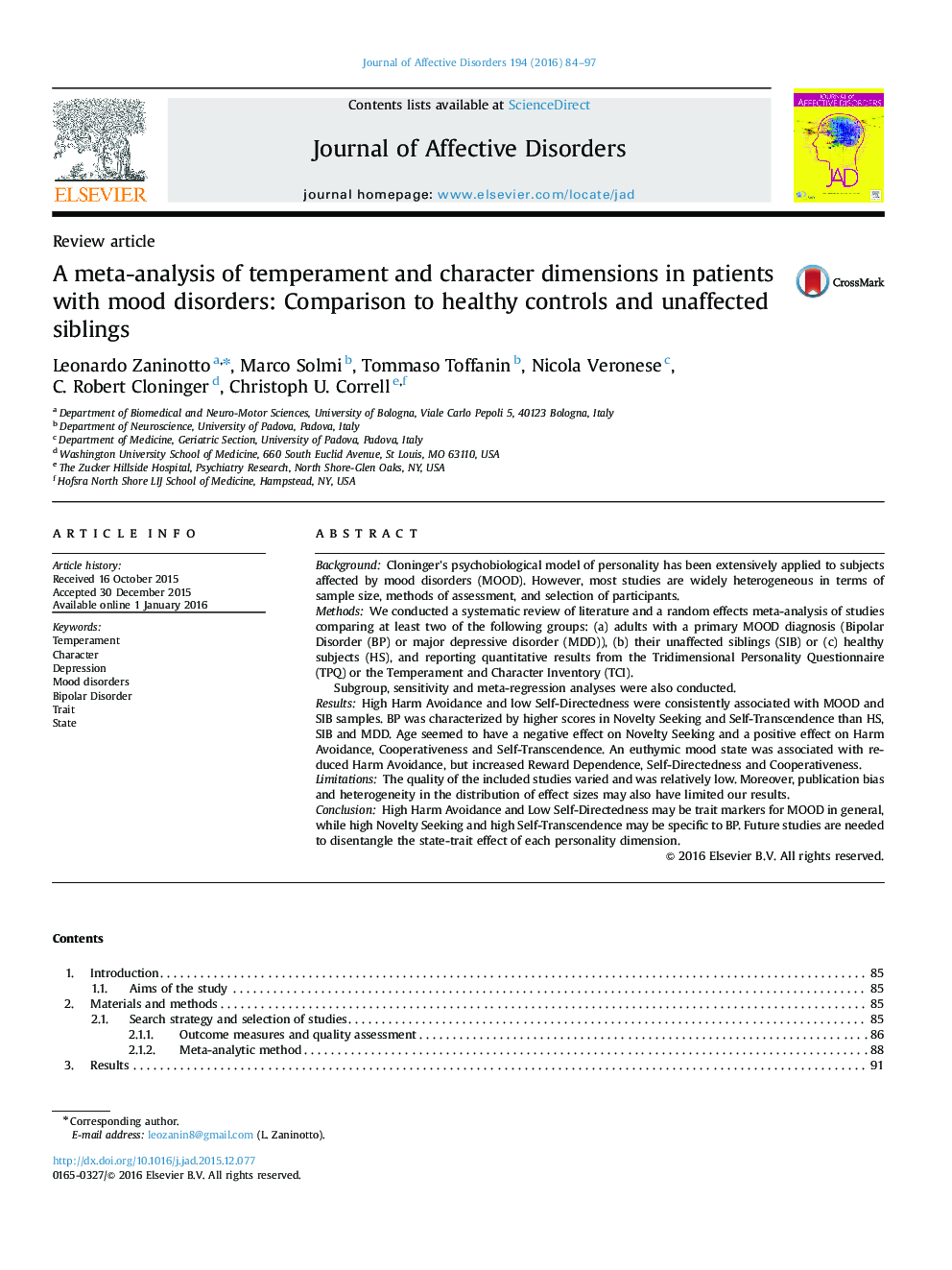 A meta-analysis of temperament and character dimensions in patients with mood disorders: Comparison to healthy controls and unaffected siblings