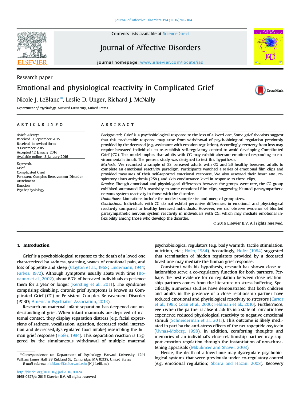 Emotional and physiological reactivity in Complicated Grief