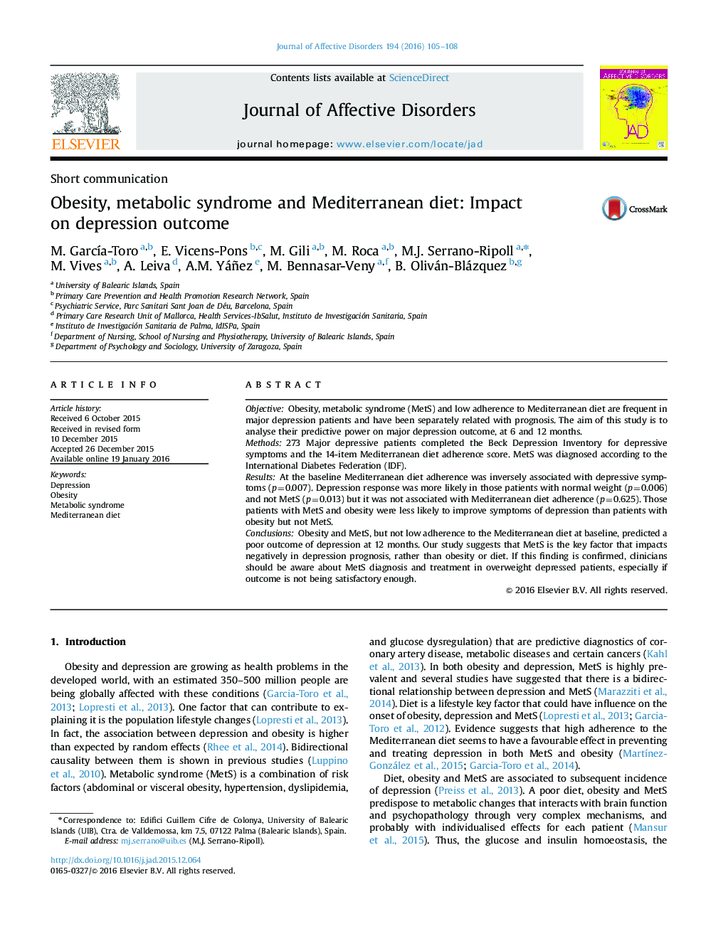 Obesity, metabolic syndrome and Mediterranean diet: Impact on depression outcome