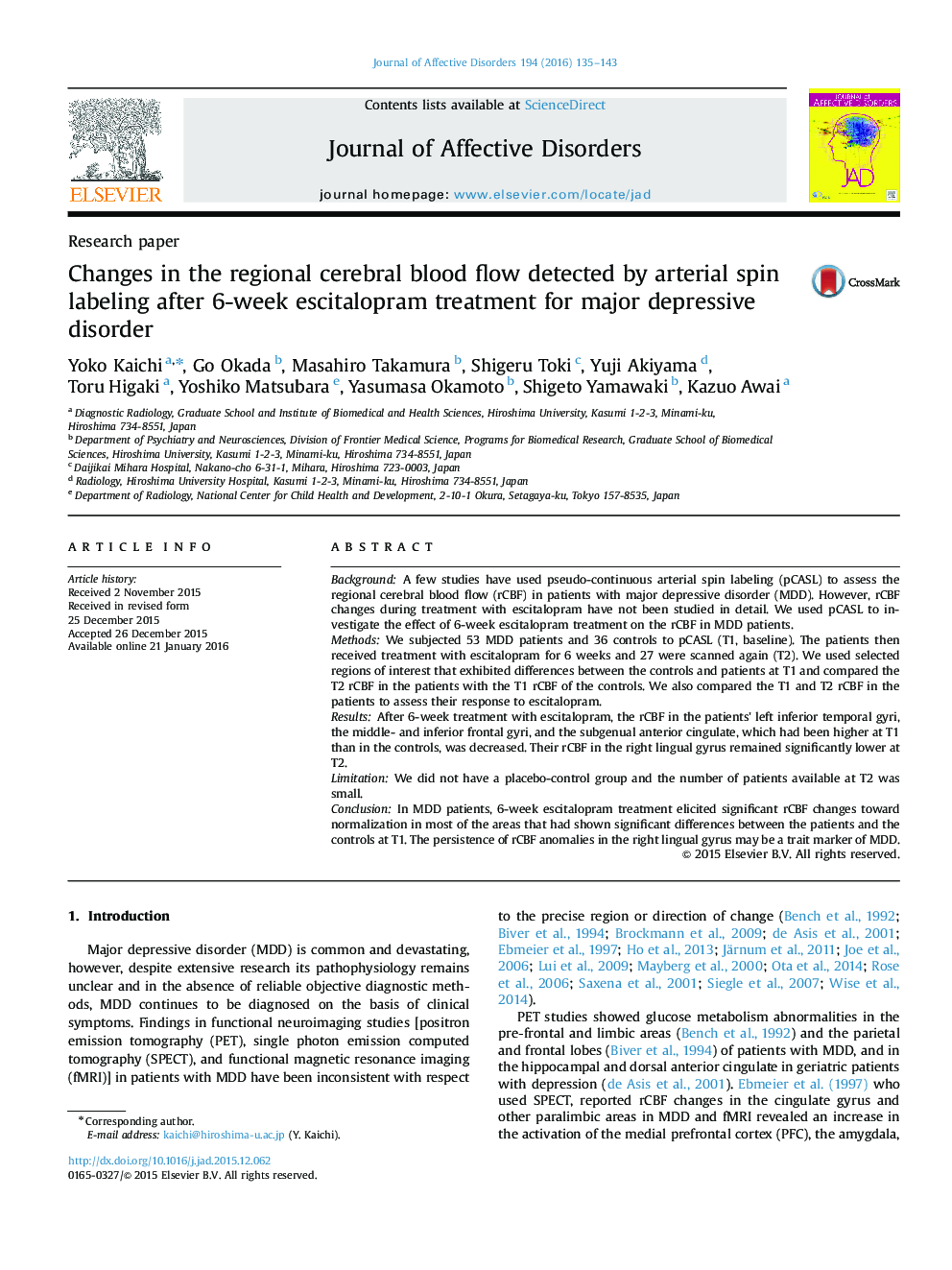 Changes in the regional cerebral blood flow detected by arterial spin labeling after 6-week escitalopram treatment for major depressive disorder