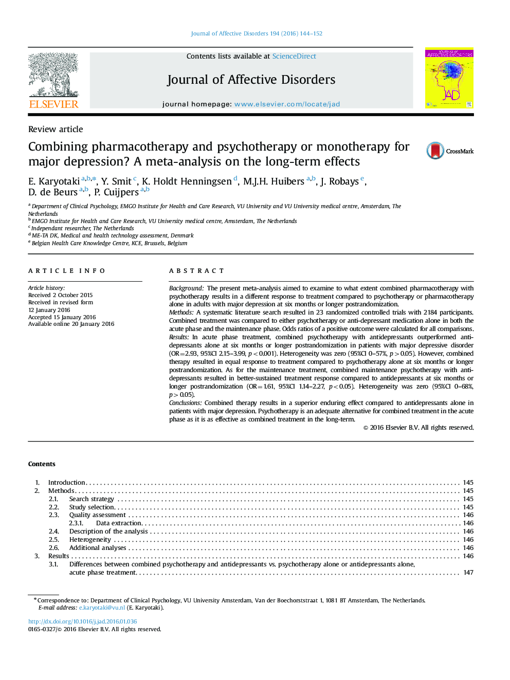 Combining pharmacotherapy and psychotherapy or monotherapy for major depression? A meta-analysis on the long-term effects