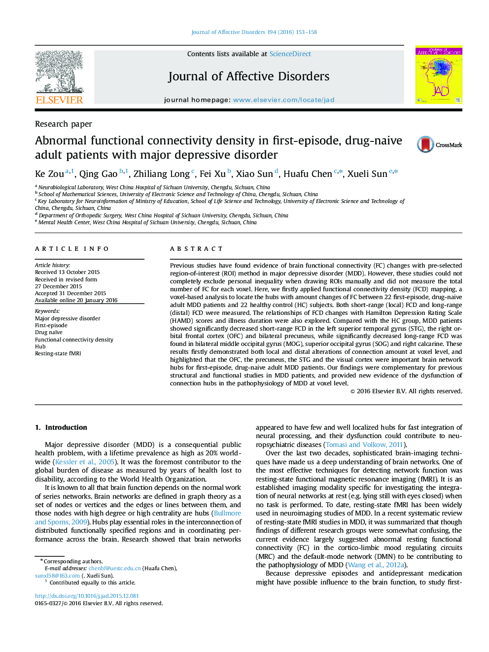 Abnormal functional connectivity density in first-episode, drug-naive adult patients with major depressive disorder