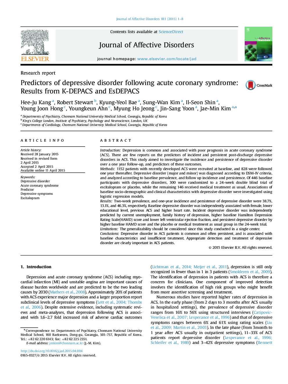 Predictors of depressive disorder following acute coronary syndrome: Results from K-DEPACS and EsDEPACS