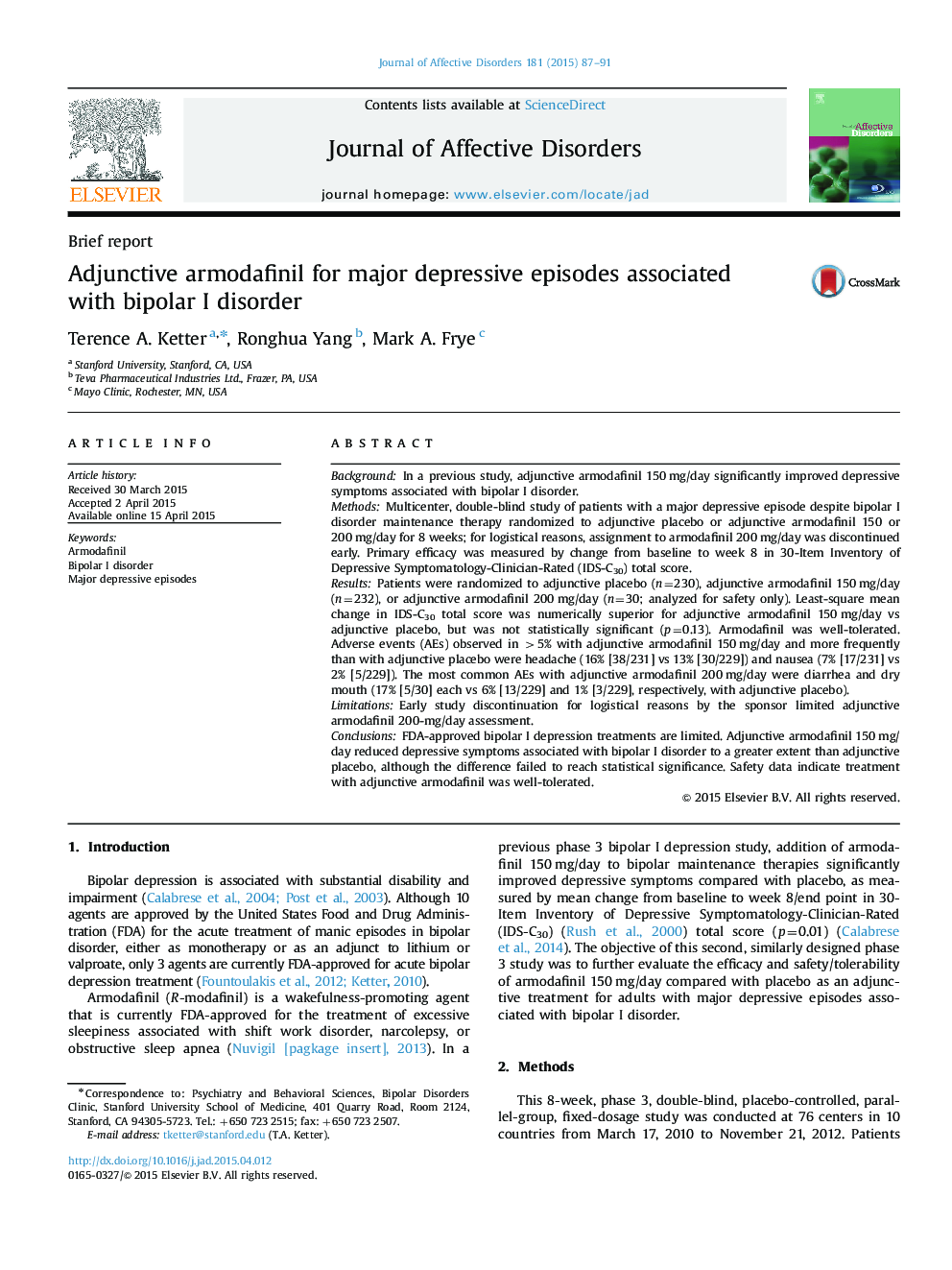 Adjunctive armodafinil for major depressive episodes associated with bipolar I disorder