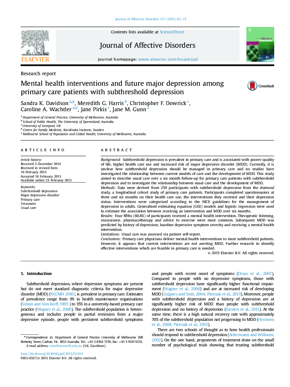 Mental health interventions and future major depression among primary care patients with subthreshold depression