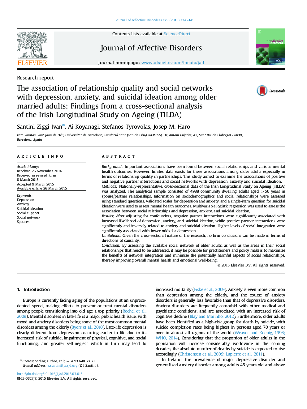 The association of relationship quality and social networks with depression, anxiety, and suicidal ideation among older married adults: Findings from a cross-sectional analysis of the Irish Longitudinal Study on Ageing (TILDA)