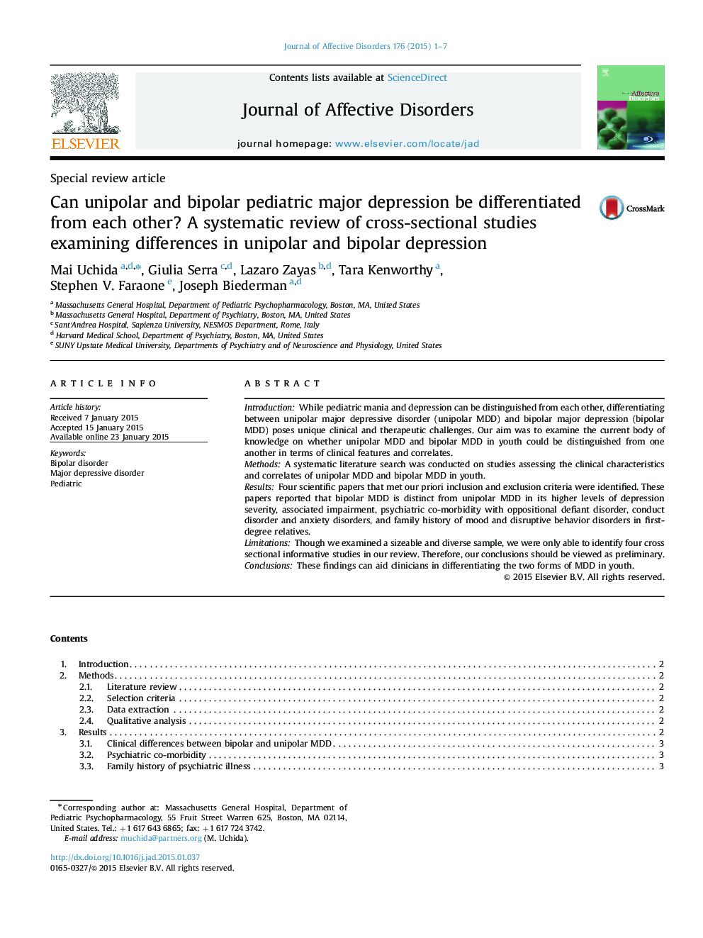 Can unipolar and bipolar pediatric major depression be differentiated from each other? A systematic review of cross-sectional studies examining differences in unipolar and bipolar depression