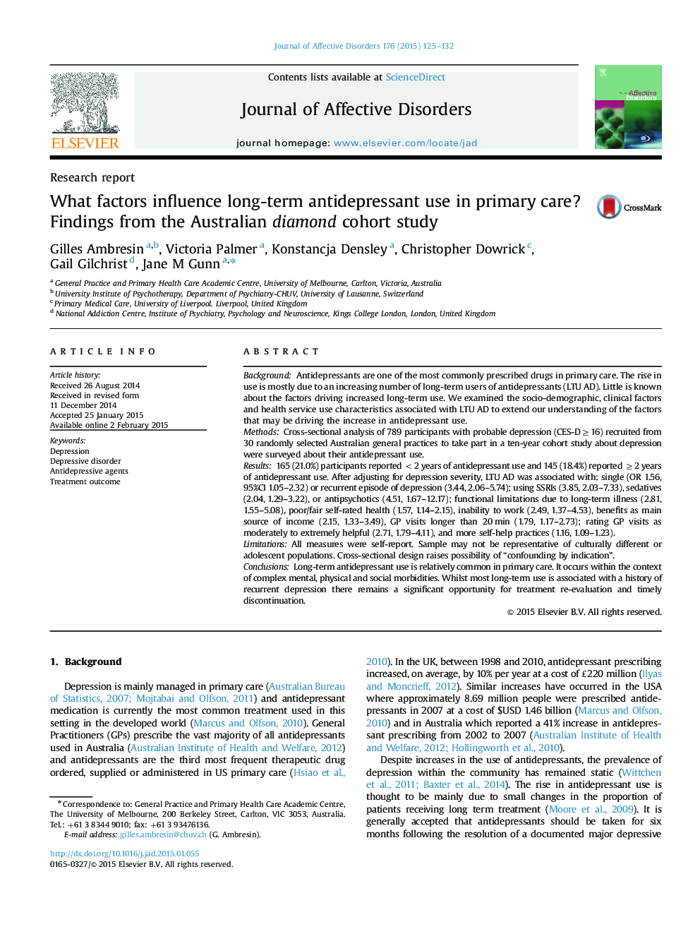 What factors influence long-term antidepressant use in primary care? Findings from the Australian diamond cohort study