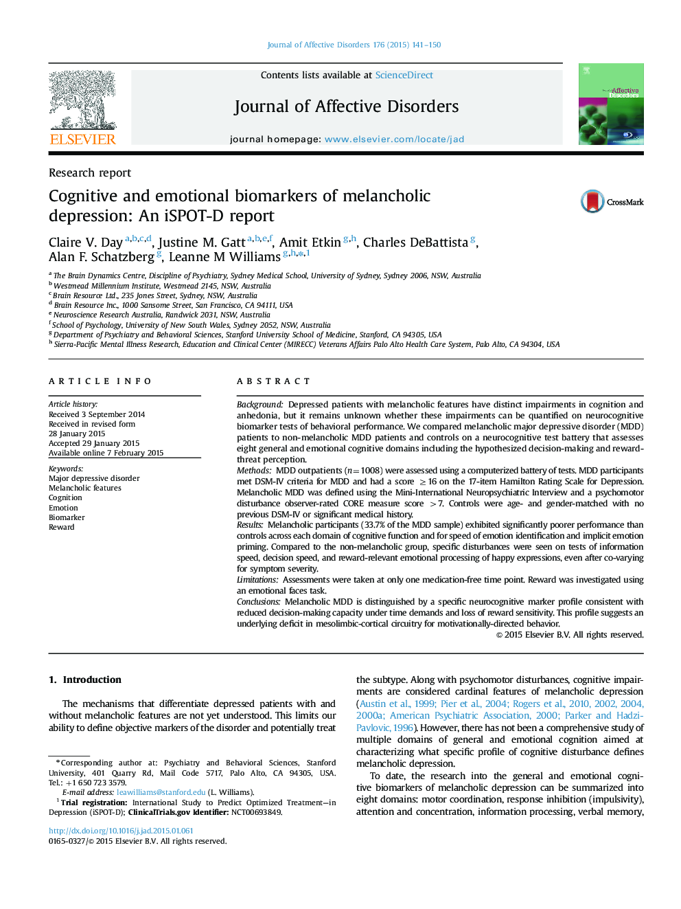 Cognitive and emotional biomarkers of melancholic depression: An iSPOT-D report