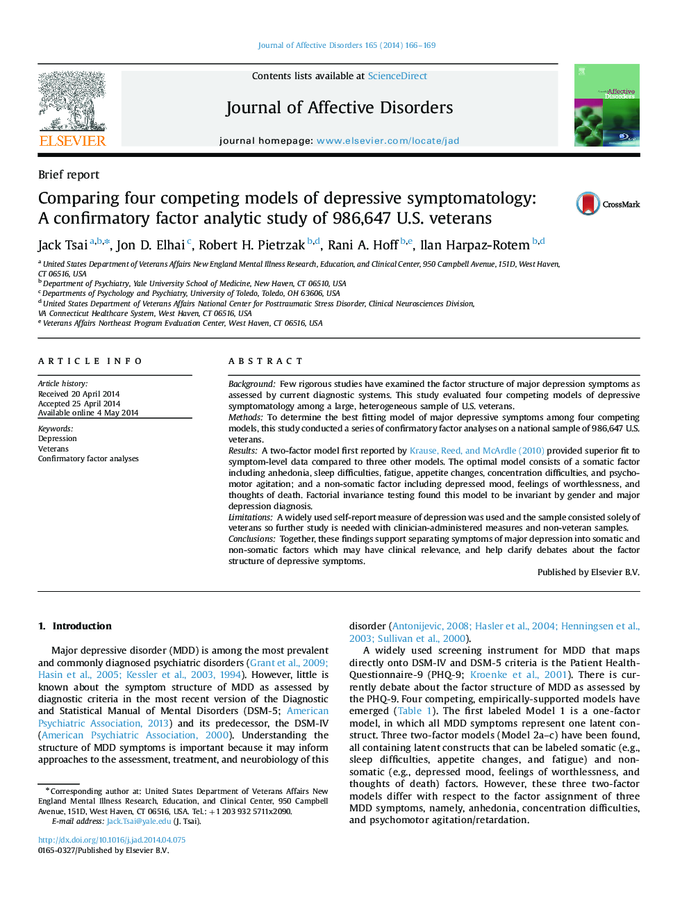 Comparing four competing models of depressive symptomatology: A confirmatory factor analytic study of 986,647 U.S. veterans