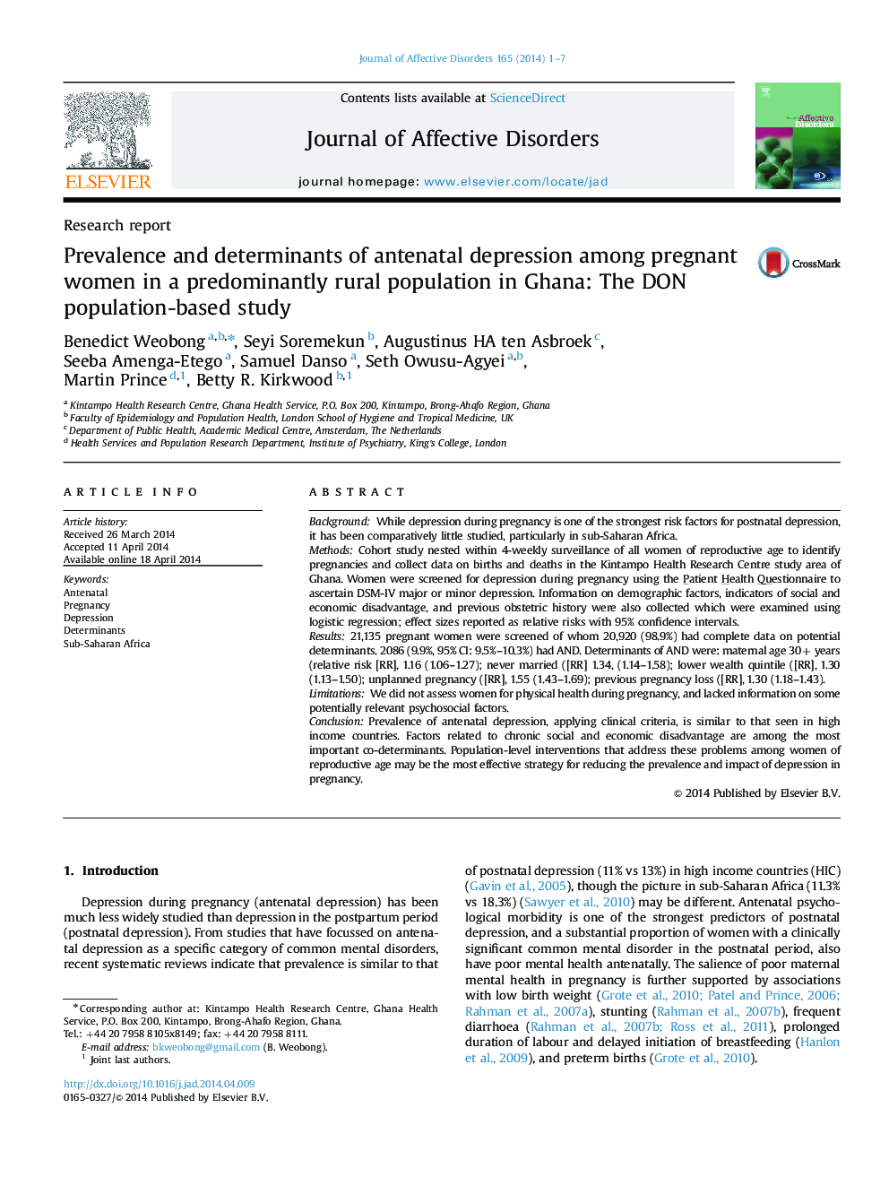 Prevalence and determinants of antenatal depression among pregnant women in a predominantly rural population in Ghana: The DON population-based study