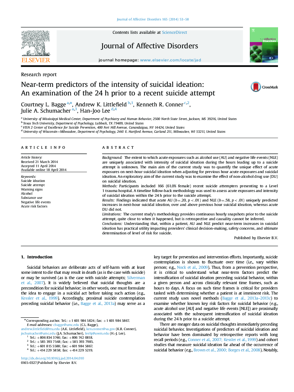 Near-term predictors of the intensity of suicidal ideation: An examination of the 24 h prior to a recent suicide attempt