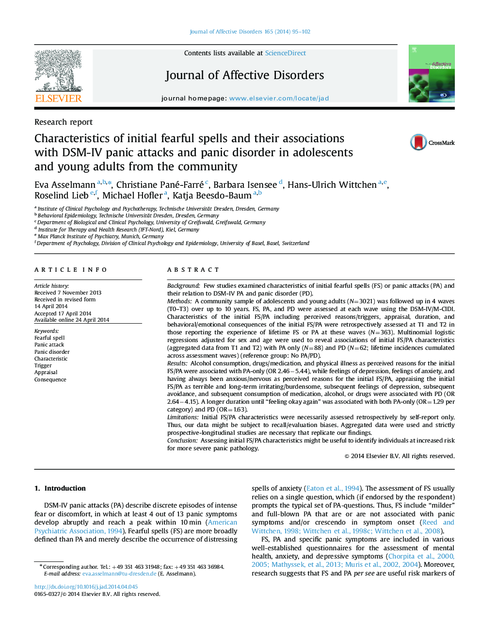 Characteristics of initial fearful spells and their associations with DSM-IV panic attacks and panic disorder in adolescents and young adults from the community