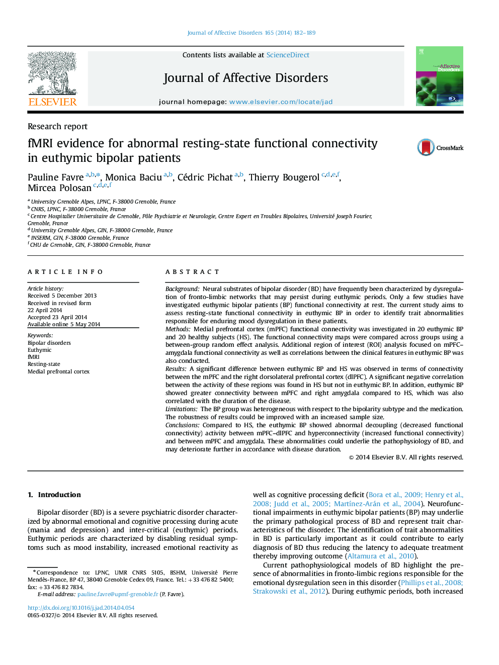 fMRI evidence for abnormal resting-state functional connectivity in euthymic bipolar patients