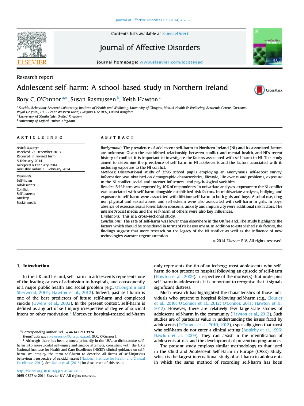 Adolescent self-harm: A school-based study in Northern Ireland