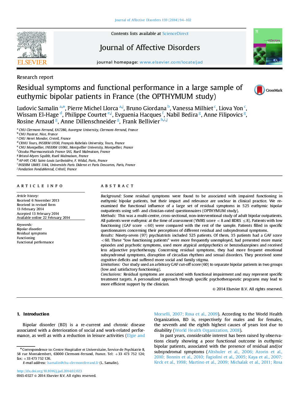 Residual symptoms and functional performance in a large sample of euthymic bipolar patients in France (the OPTHYMUM study)