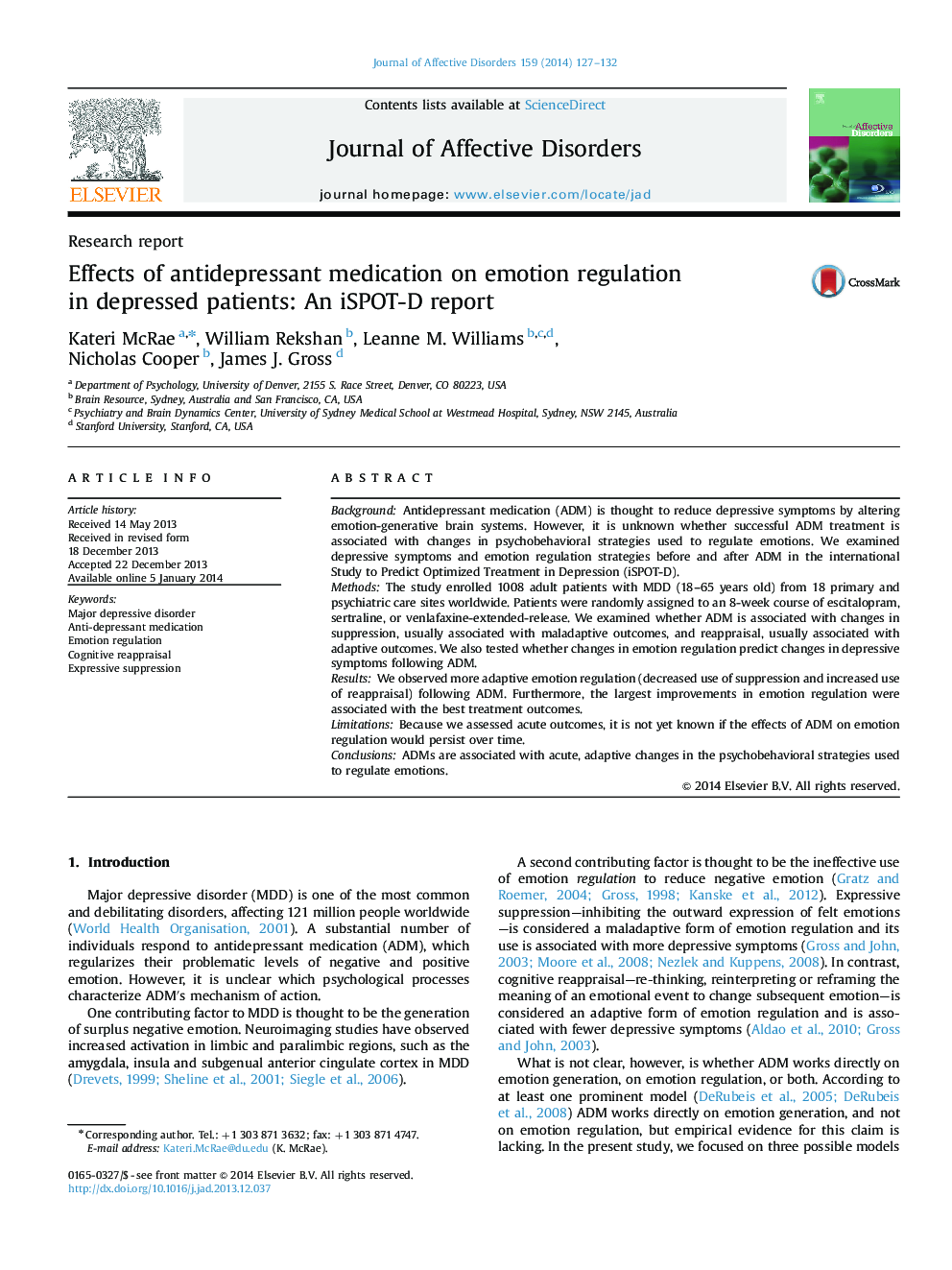 Effects of antidepressant medication on emotion regulation in depressed patients: An iSPOT-D report