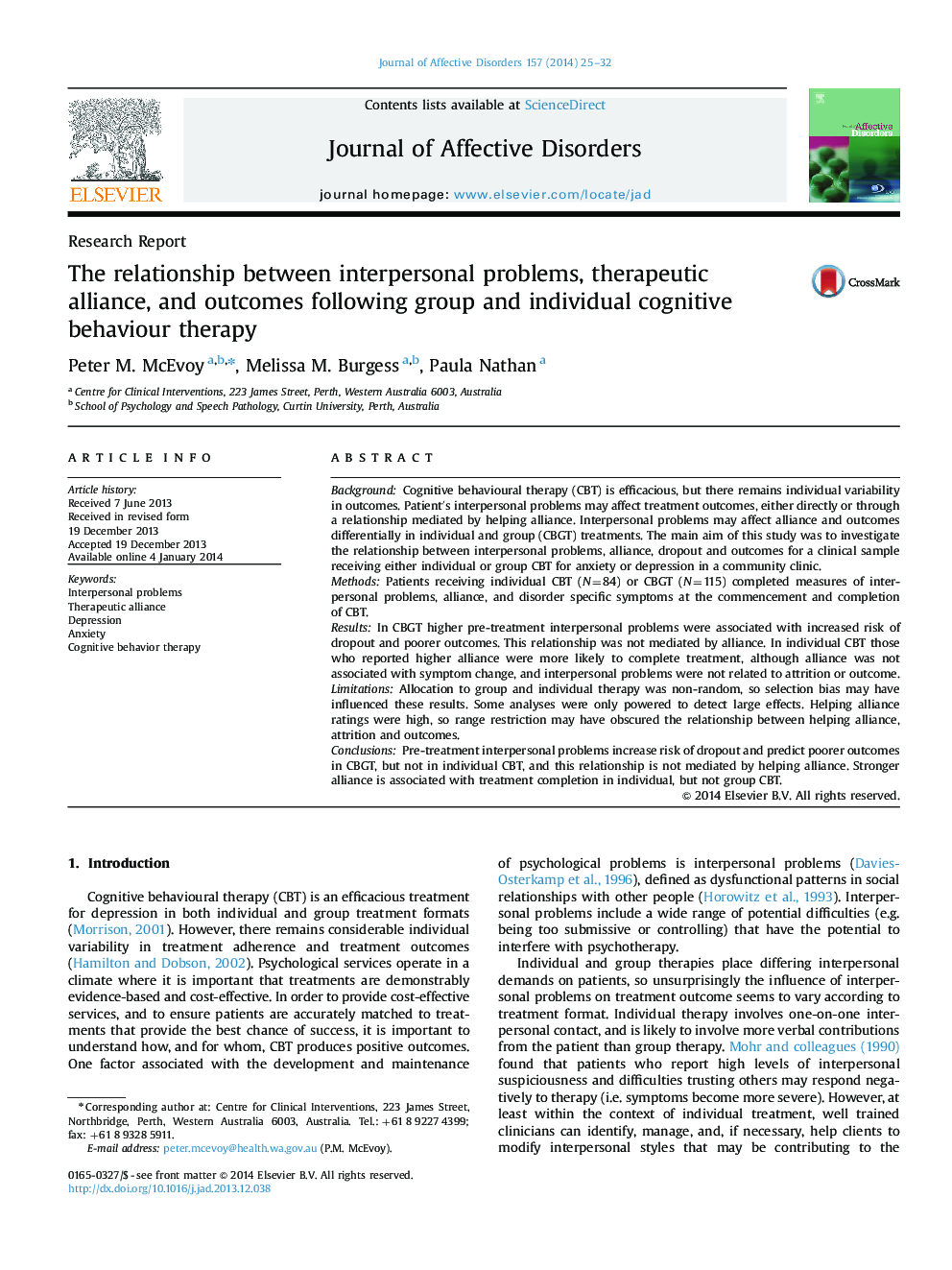 The relationship between interpersonal problems, therapeutic alliance, and outcomes following group and individual cognitive behaviour therapy