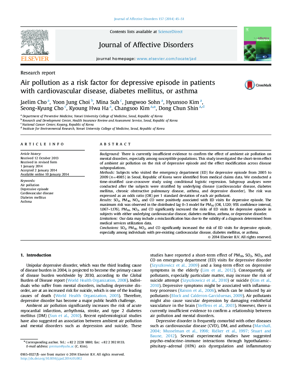 Air pollution as a risk factor for depressive episode in patients with cardiovascular disease, diabetes mellitus, or asthma