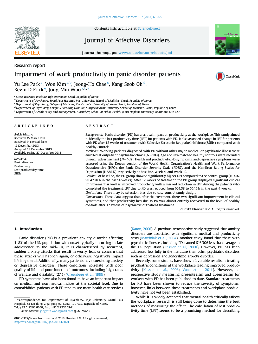 Impairment of work productivity in panic disorder patients