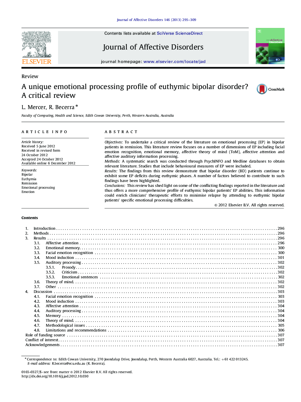 A unique emotional processing profile of euthymic bipolar disorder? A critical review