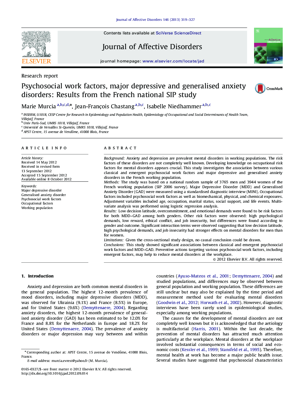 Psychosocial work factors, major depressive and generalised anxiety disorders: Results from the French national SIP study