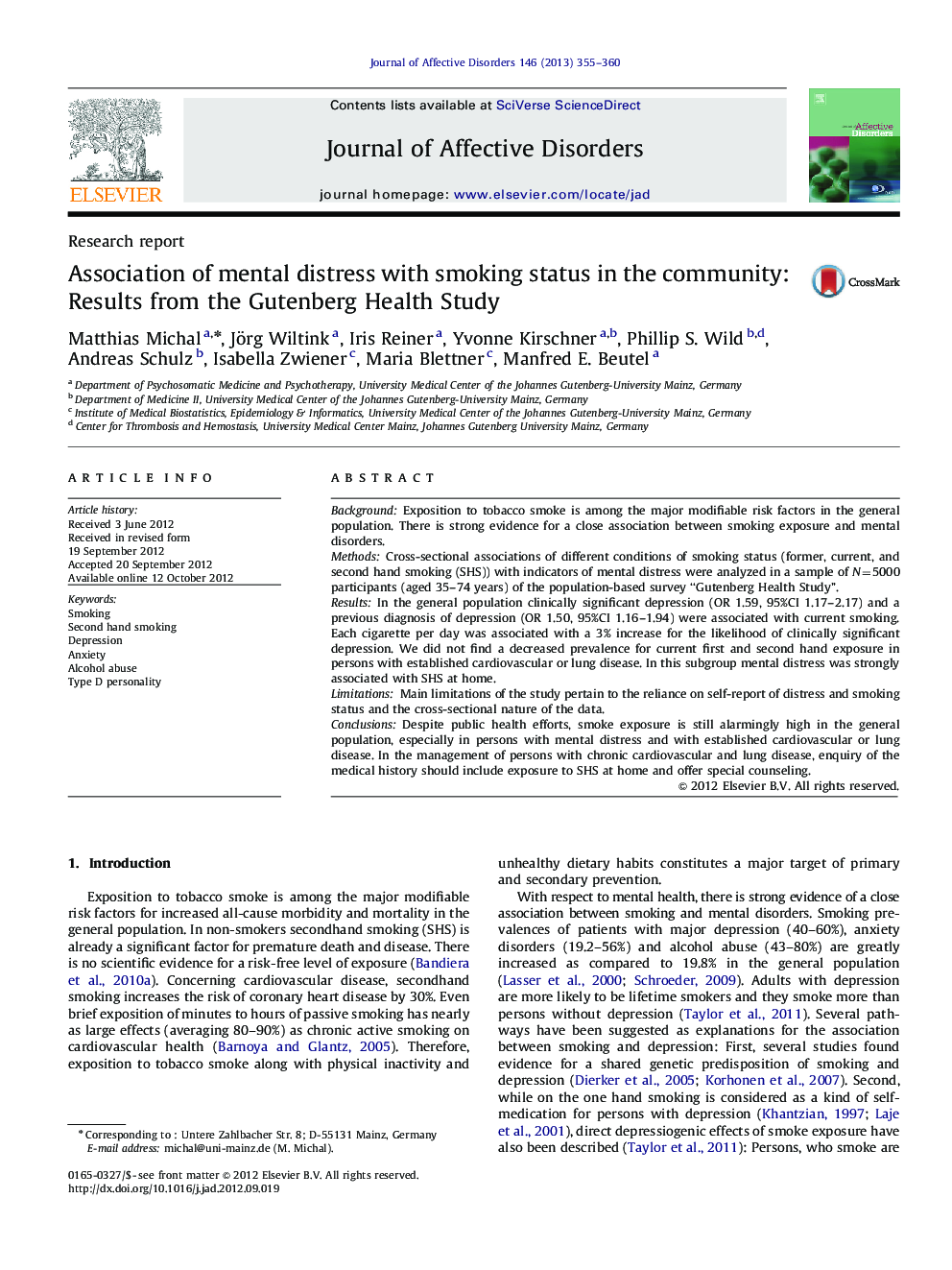 Association of mental distress with smoking status in the community: Results from the Gutenberg Health Study