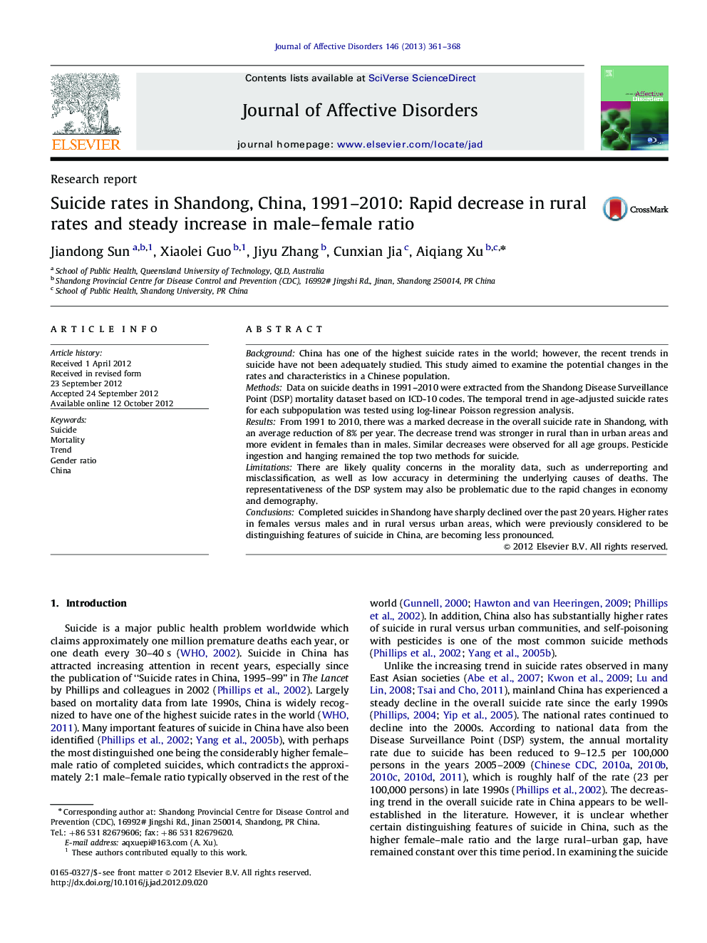 Suicide rates in Shandong, China, 1991–2010: Rapid decrease in rural rates and steady increase in male–female ratio