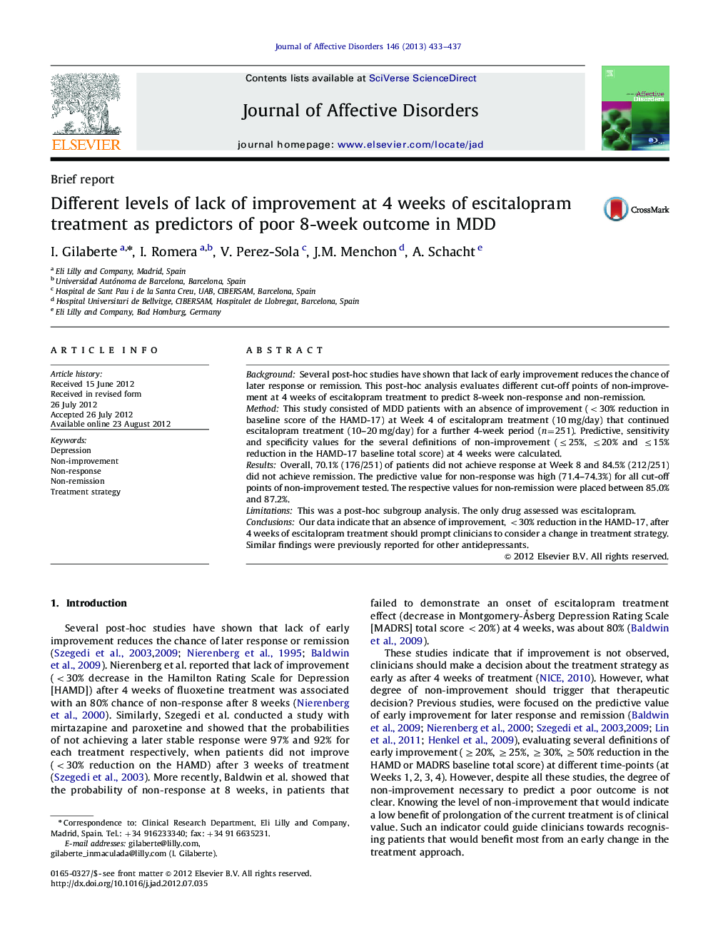 Different levels of lack of improvement at 4 weeks of escitalopram treatment as predictors of poor 8-week outcome in MDD