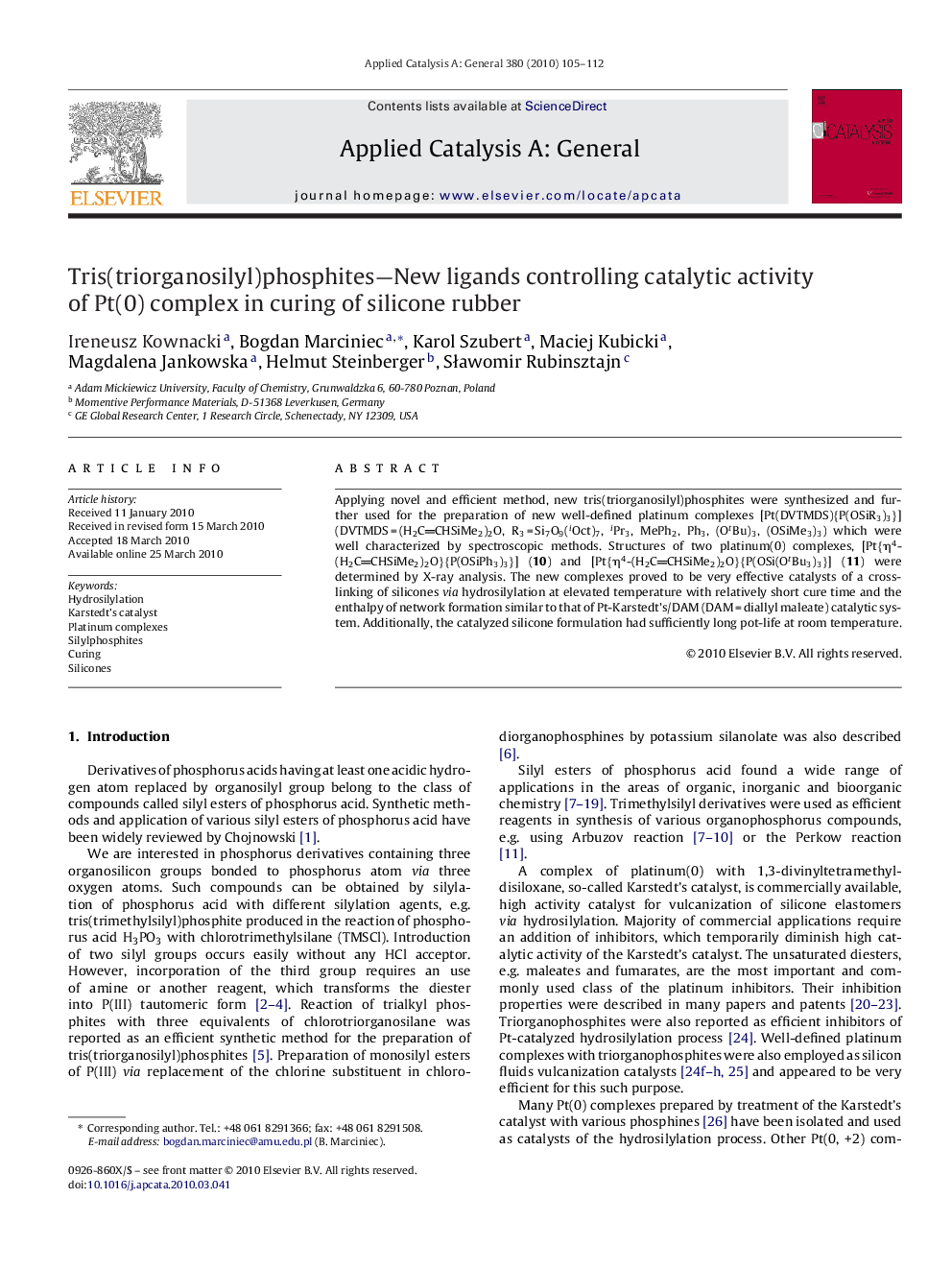 Tris(triorganosilyl)phosphites—New ligands controlling catalytic activity of Pt(0) complex in curing of silicone rubber