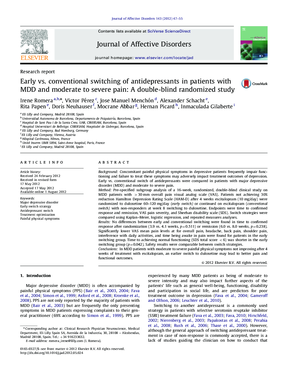 Early vs. conventional switching of antidepressants in patients with MDD and moderate to severe pain: A double-blind randomized study