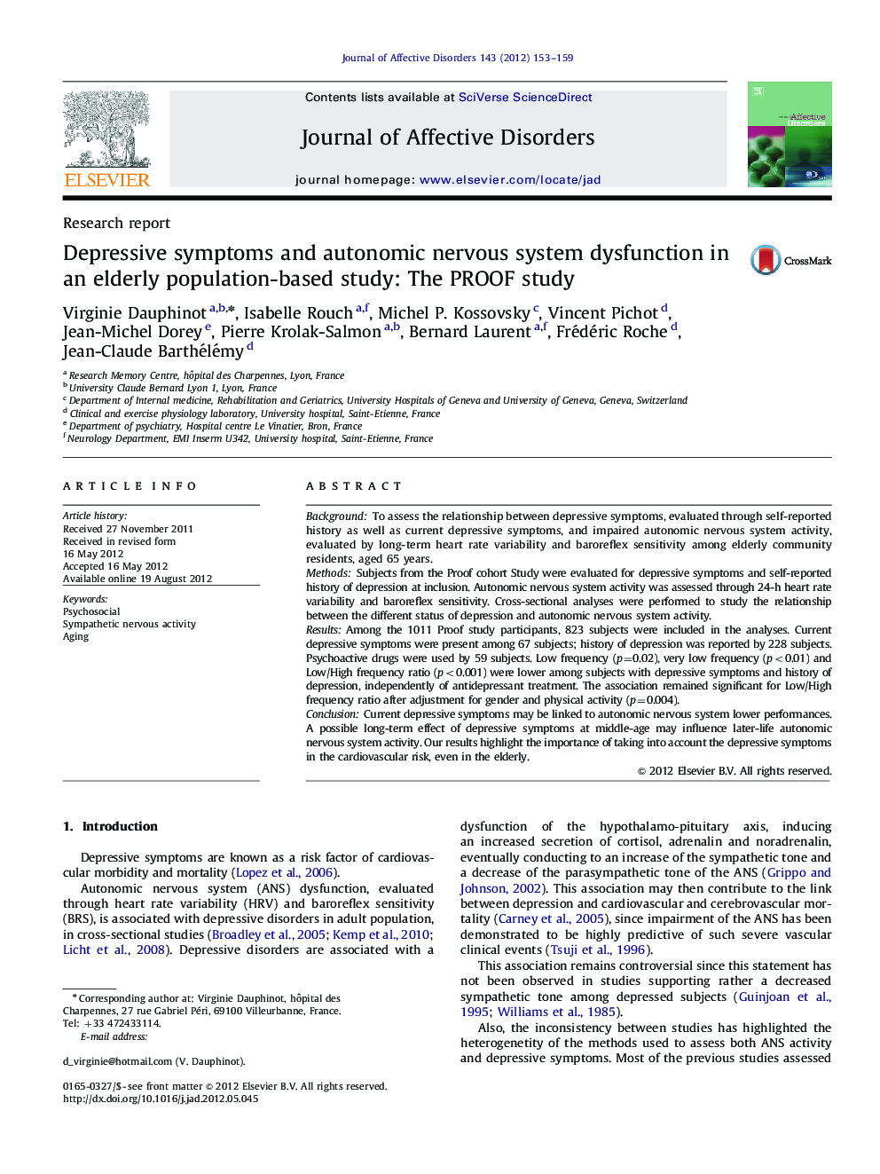 Depressive symptoms and autonomic nervous system dysfunction in an elderly population-based study: The PROOF study