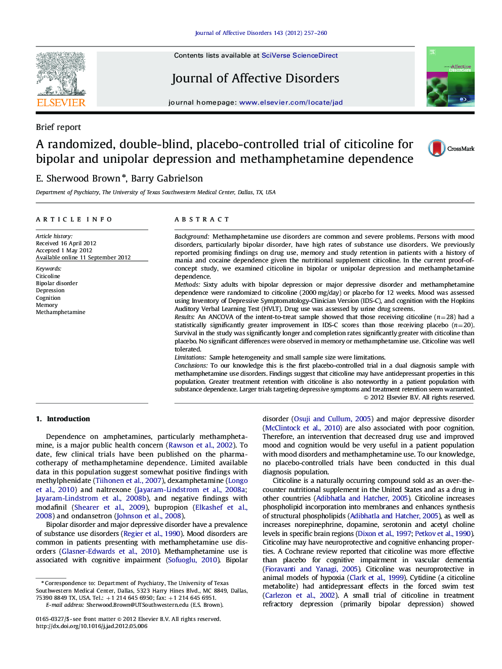 A randomized, double-blind, placebo-controlled trial of citicoline for bipolar and unipolar depression and methamphetamine dependence
