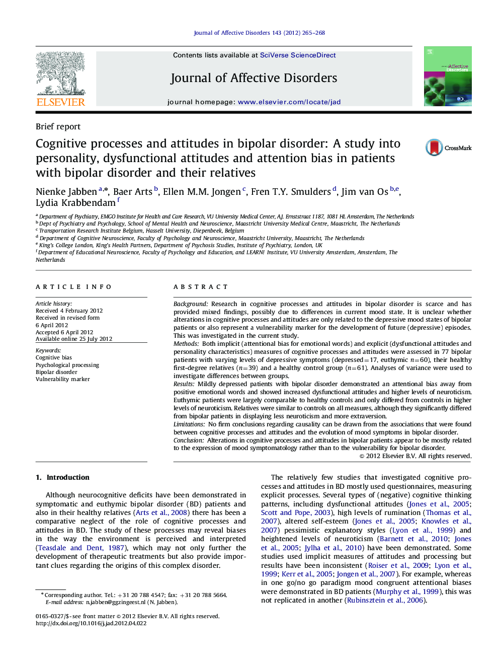 Cognitive processes and attitudes in bipolar disorder: A study into personality, dysfunctional attitudes and attention bias in patients with bipolar disorder and their relatives