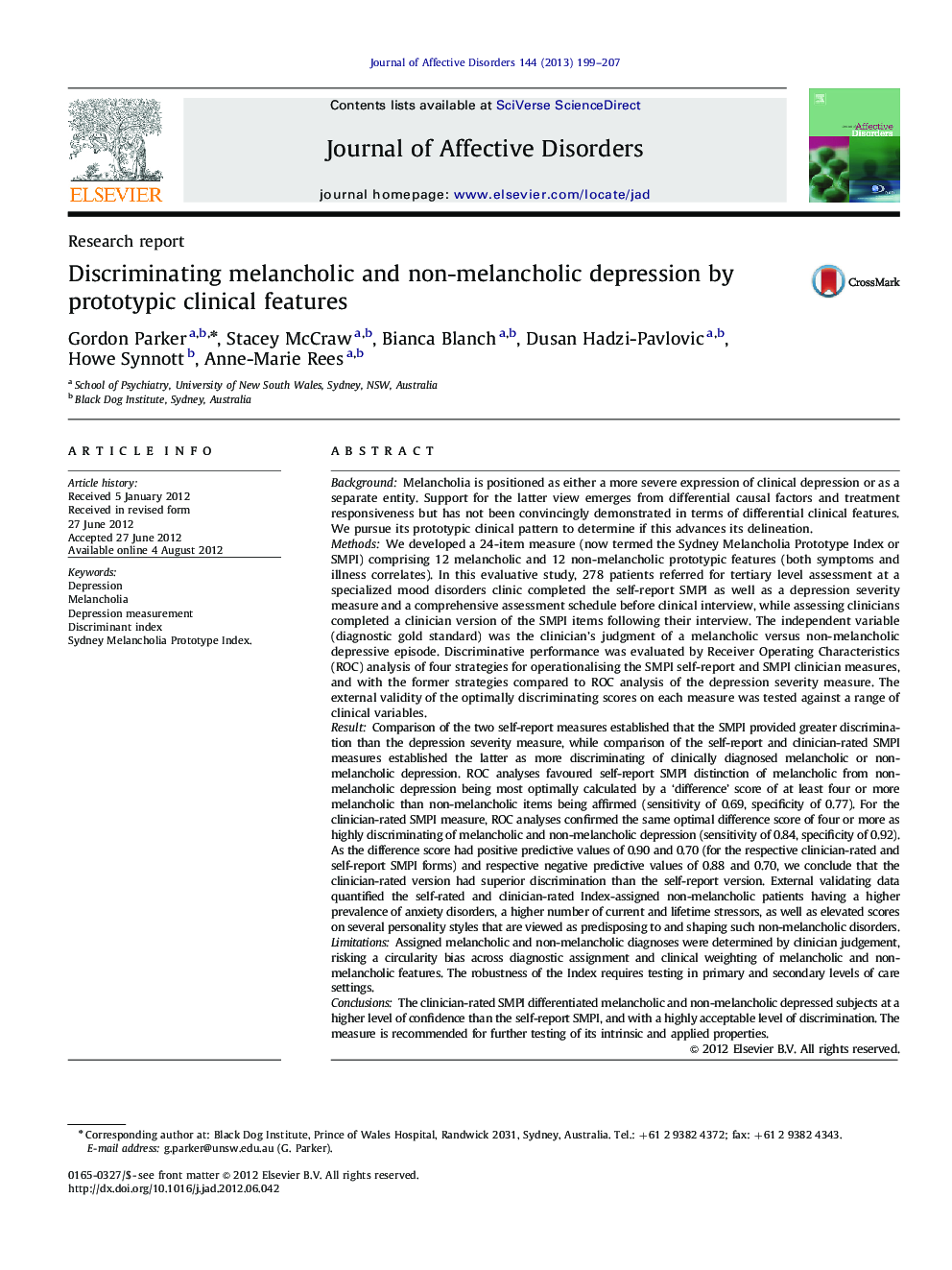 Discriminating melancholic and non-melancholic depression by prototypic clinical features