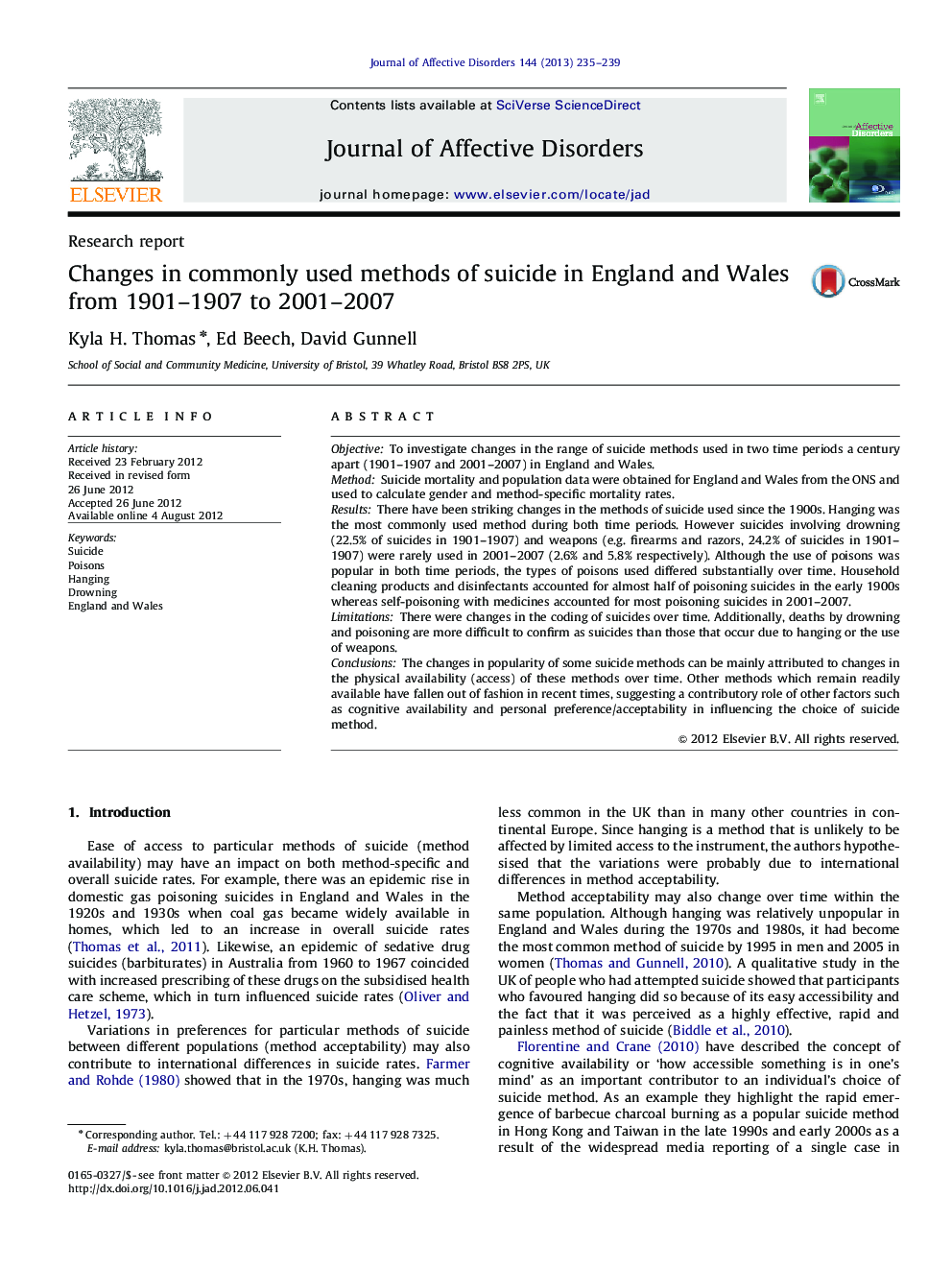 Changes in commonly used methods of suicide in England and Wales from 1901–1907 to 2001–2007