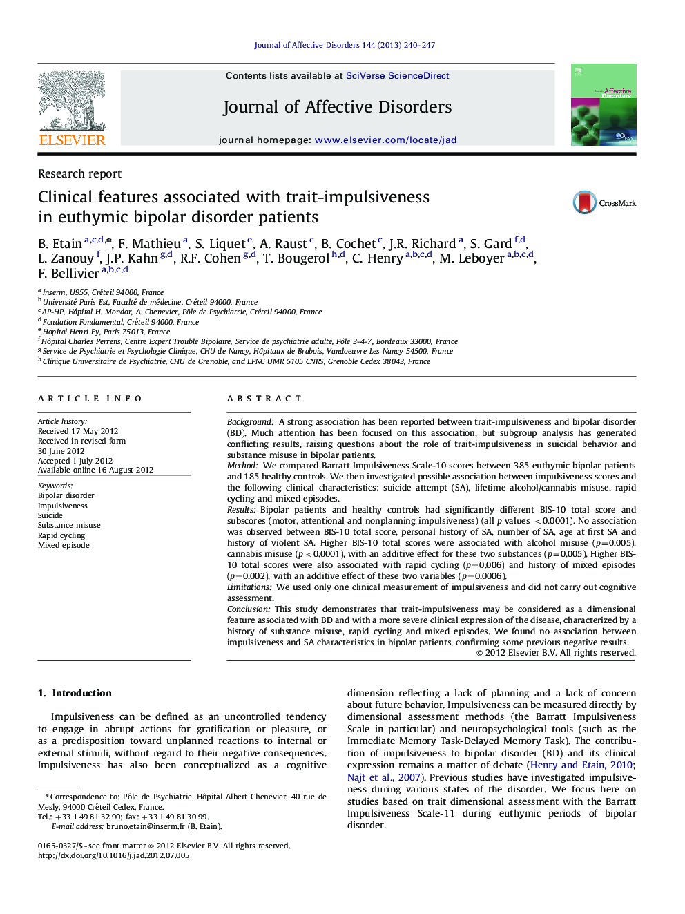 Clinical features associated with trait-impulsiveness in euthymic bipolar disorder patients