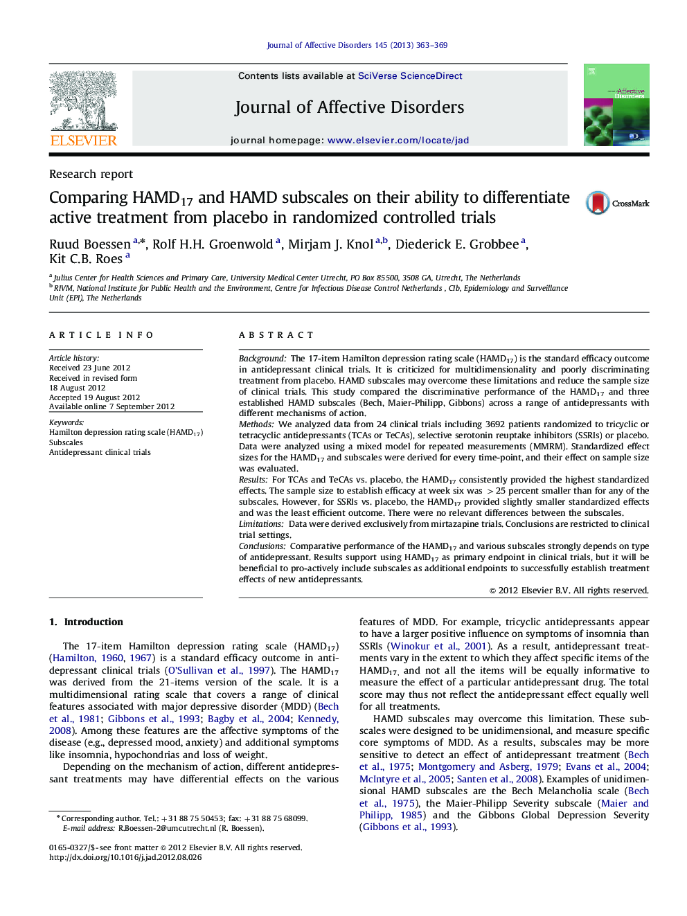 Comparing HAMD17 and HAMD subscales on their ability to differentiate active treatment from placebo in randomized controlled trials