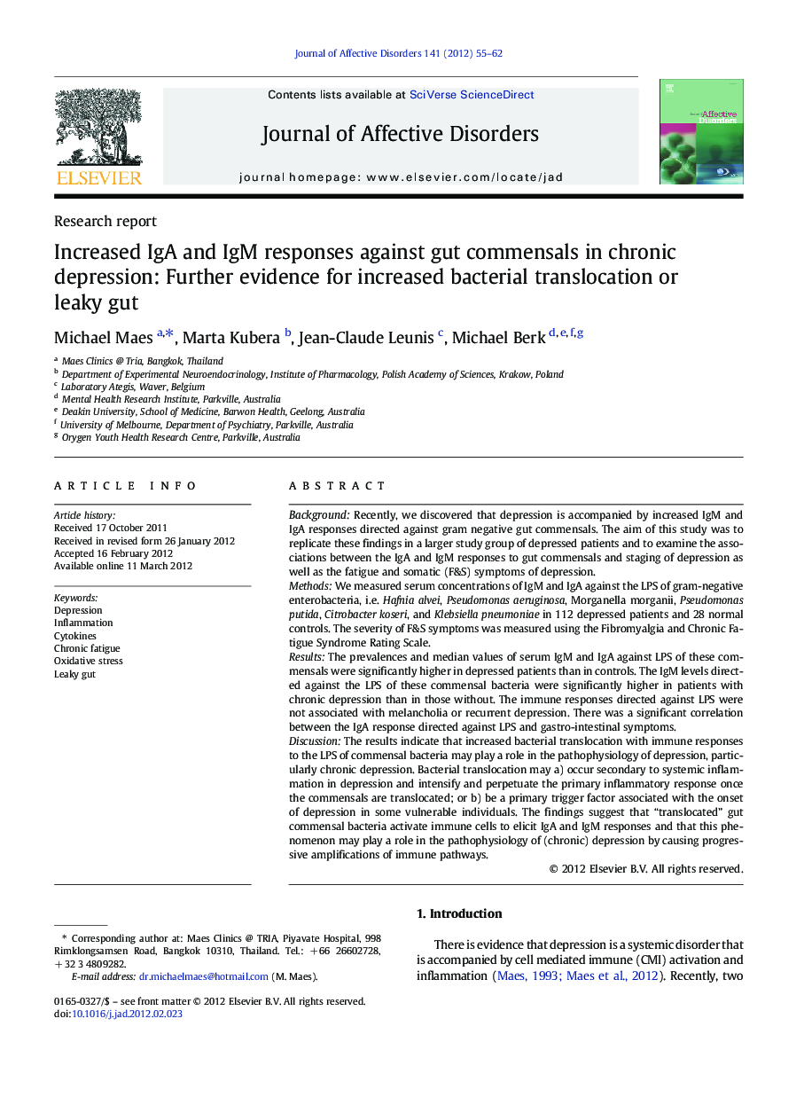 Increased IgA and IgM responses against gut commensals in chronic depression: Further evidence for increased bacterial translocation or leaky gut