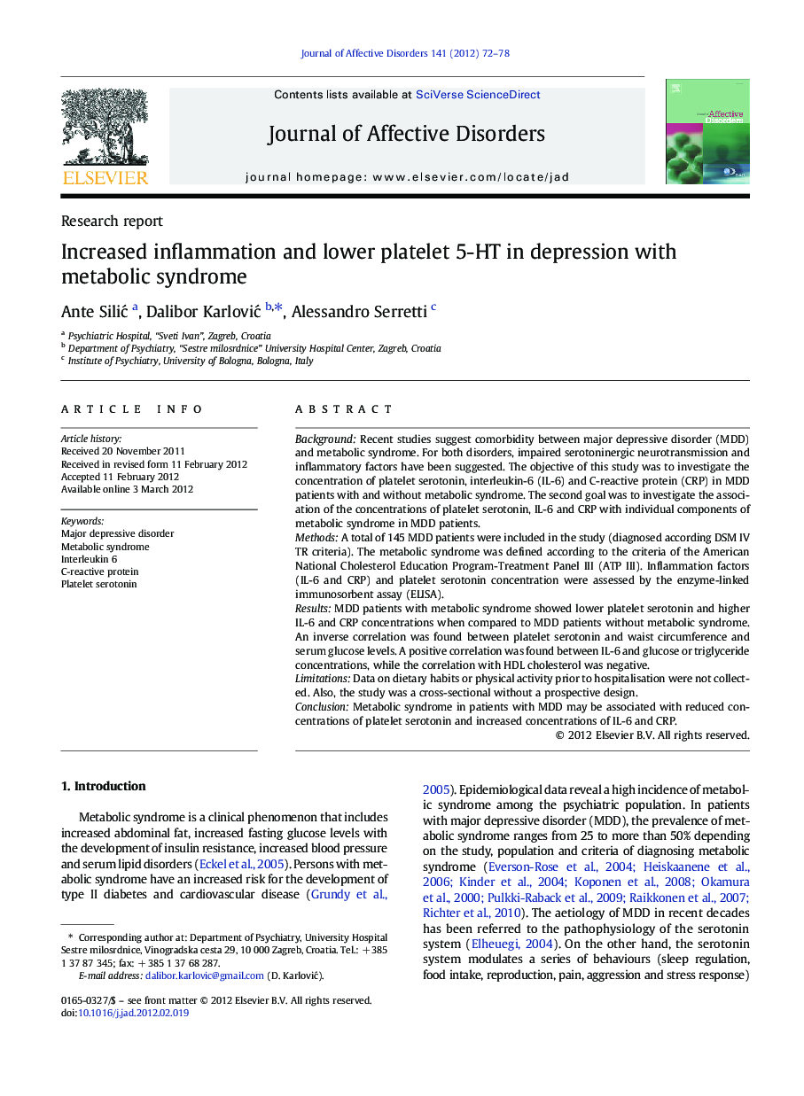 Increased inflammation and lower platelet 5-HT in depression with metabolic syndrome