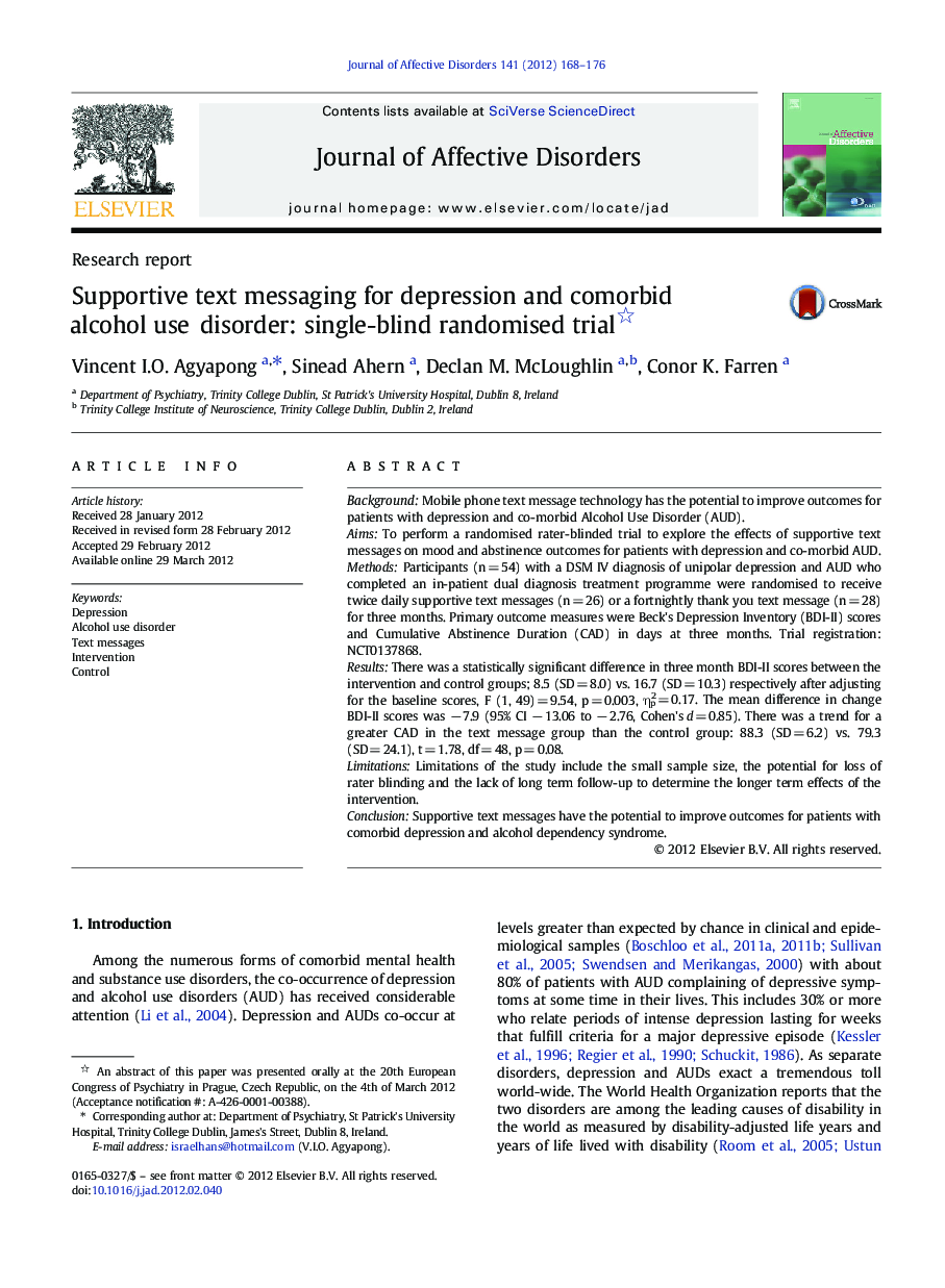 Supportive text messaging for depression and comorbid alcohol use disorder: single-blind randomised trial 