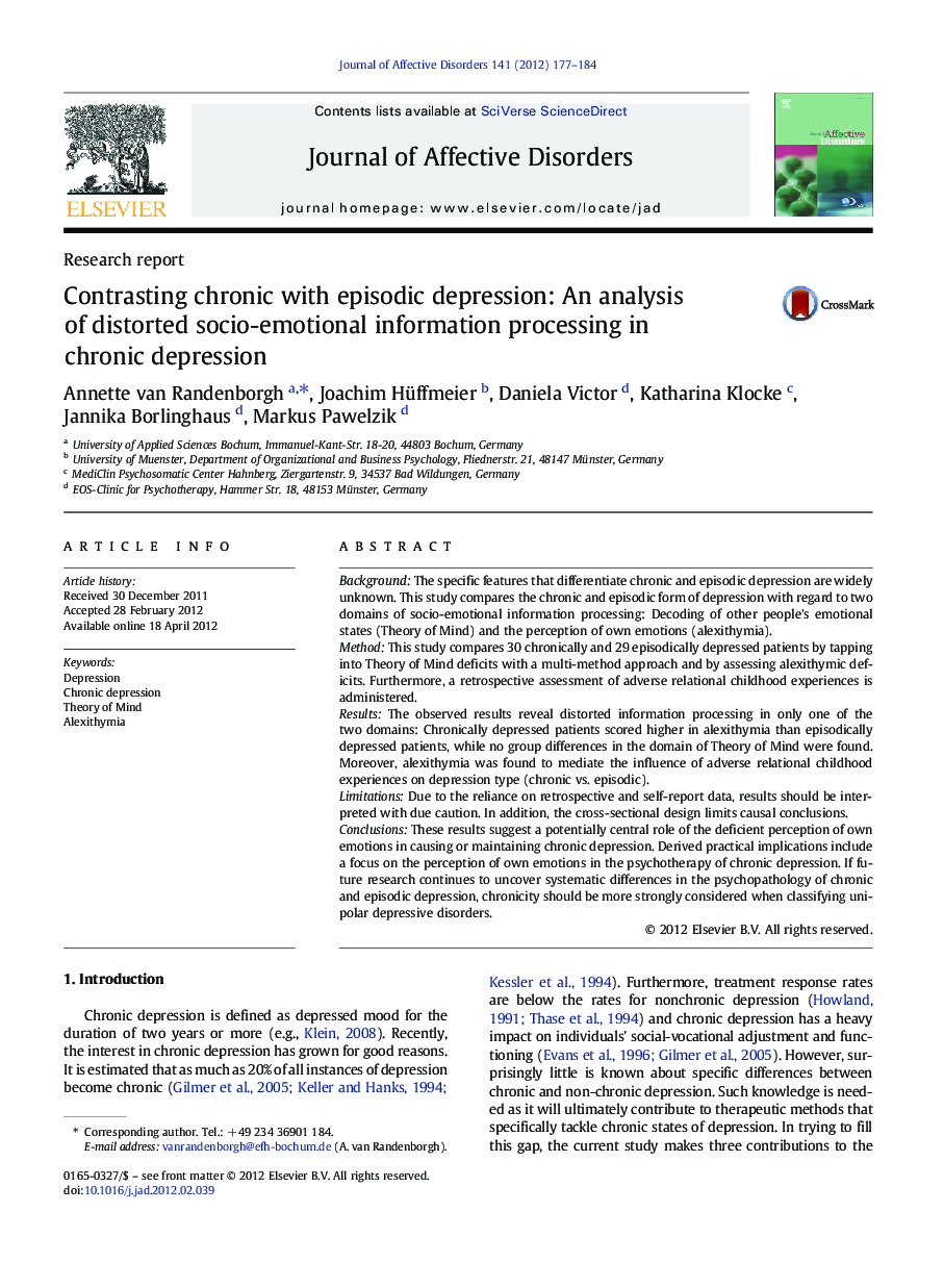 Contrasting chronic with episodic depression: An analysis of distorted socio-emotional information processing in chronic depression