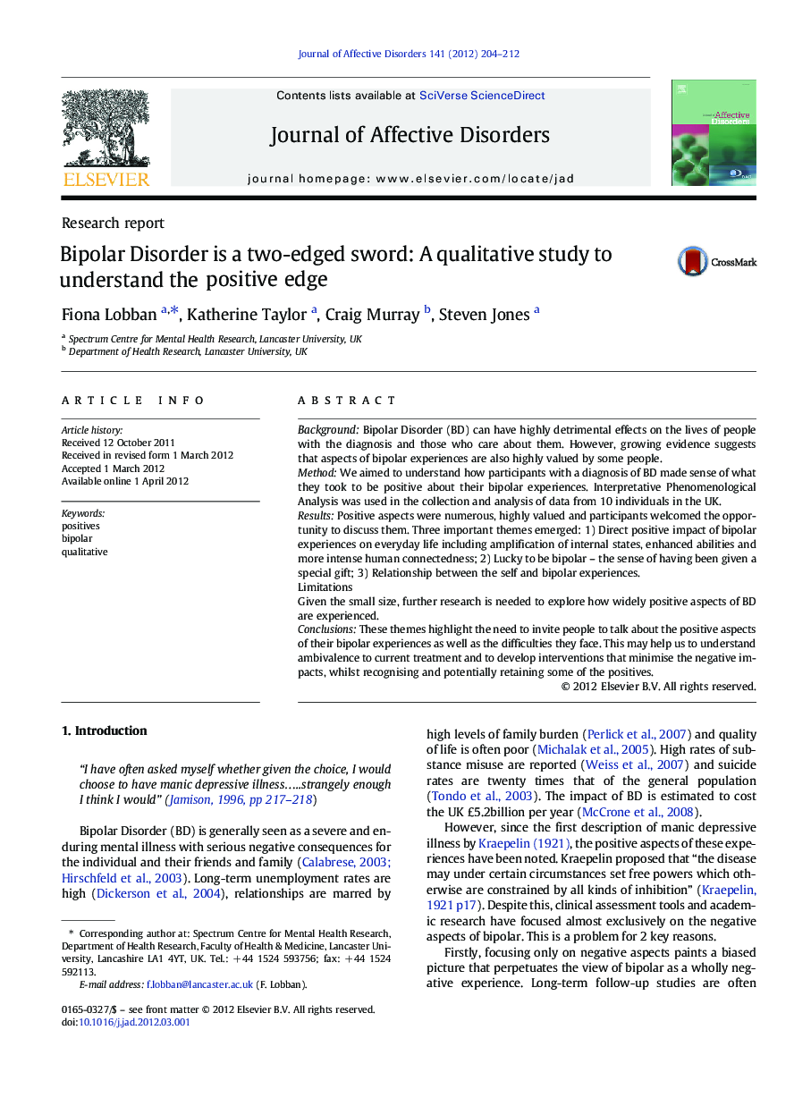 Bipolar Disorder is a two-edged sword: A qualitative study to understand the positive edge