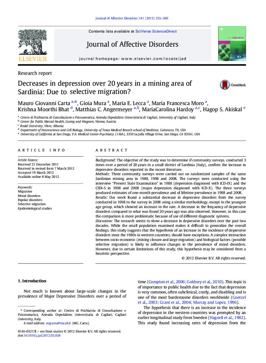 Decreases in depression over 20 years in a mining area of Sardinia: Due to selective migration?