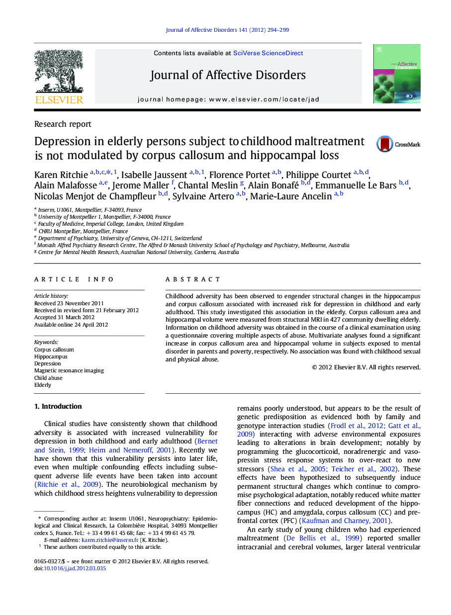 Depression in elderly persons subject to childhood maltreatment is not modulated by corpus callosum and hippocampal loss