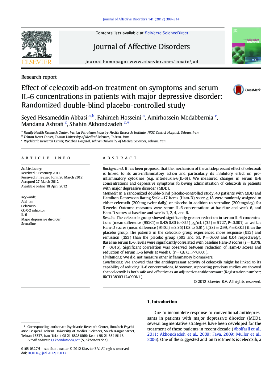 Effect of celecoxib add-on treatment on symptoms and serum IL-6 concentrations in patients with major depressive disorder: Randomized double-blind placebo-controlled study