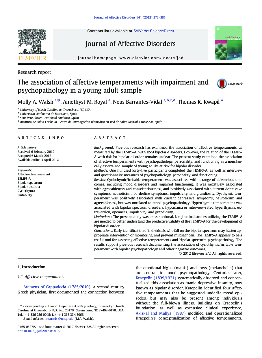 The association of affective temperaments with impairment and psychopathology in a young adult sample
