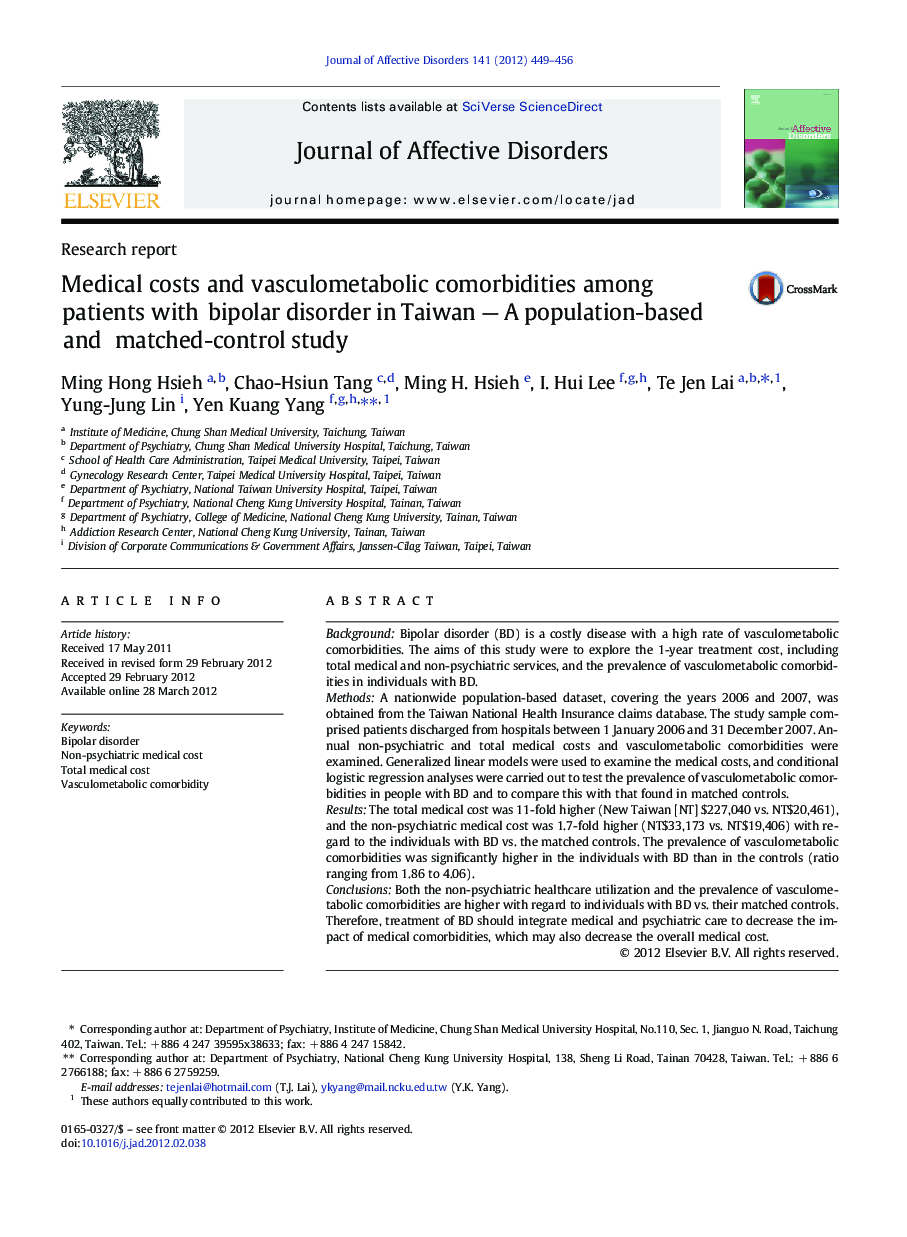 Medical costs and vasculometabolic comorbidities among patients with bipolar disorder in Taiwan — A population-based and matched-control study