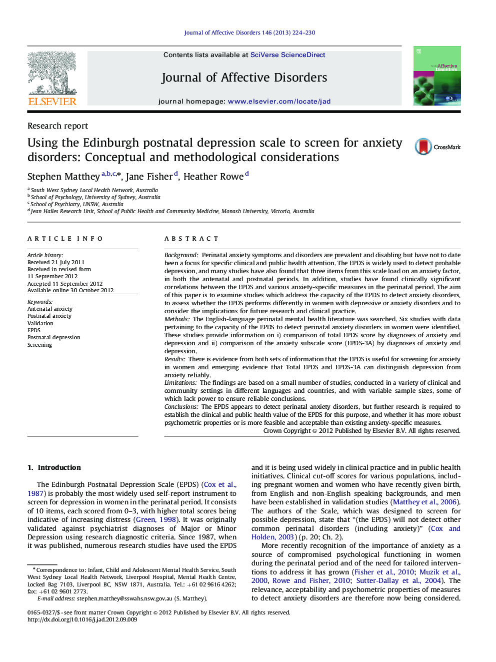 Using the Edinburgh postnatal depression scale to screen for anxiety disorders: Conceptual and methodological considerations